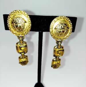Vtg Gianni Versace Gold Medusa Head Coin Swing Drop Clip On Earrings VGVC!